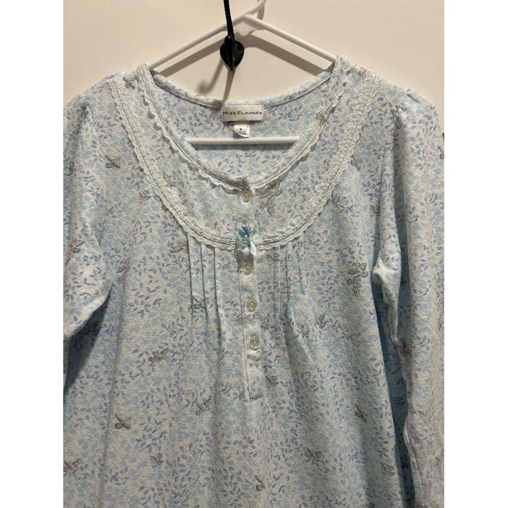 Miss Elaine Nightgown Blue Floral Butterfly Lace Trim Long Sleeve Knit S Cottage - Picture 4 of 7